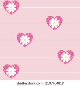 Flower on heart simple white blossom flower blooming in white strip line seamless pattern pink background. Cute design for paper, textile print, page fill. 
