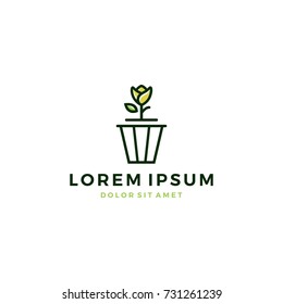flower on pot bucket line outline logo vector icon template