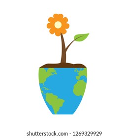 Flower on a flower pot with an Earth map. Earth day. Vector illustration design