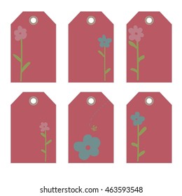 The flower on the red background. Vector hand drawn set.  Romantic tags collection  with flowers, lettering.  Set of  holiday invitations. 
