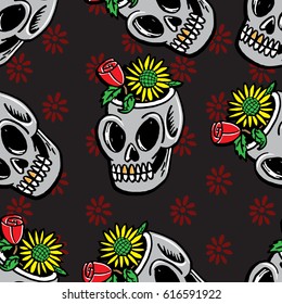 Flower On the Skull Seamless Pattern