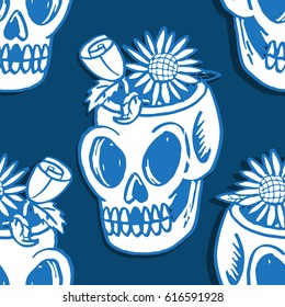 Flower On the Skull Seamless Pattern Blue Tone