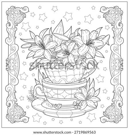 Flower on top of cup and beautiful carved border, Learning and education coloring page illustration for adult and children. Vector outline style, black and white drawing for various purposes.