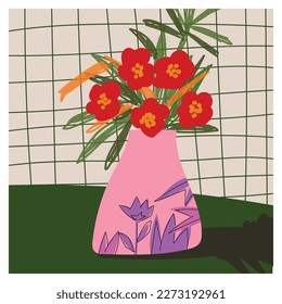 Flower on vase rough hand drawn vector illustration.