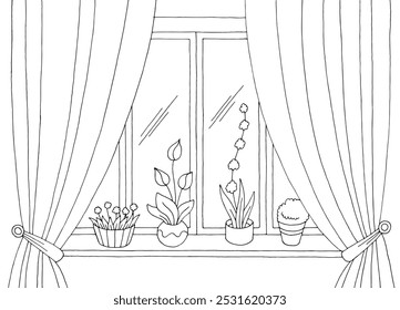 Flor en el gráfico de la ventana blanco negro Vector de ilustración de boceto interior