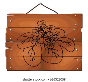 Flower on wooden plank background. Free hand drawn. Vector illustration. 