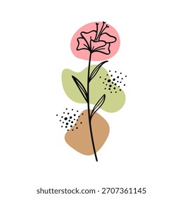 Flower one continuous line art with abstract pink green and brown shapes vector illustration