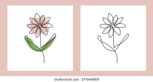 Flower - One continuous line, single line drawing art, organic design, abstract line with random irregular shape spots and black and white version. Vector illustration for postcard or brochure