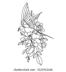Flower one line vector drawing. Floral minimalist style. Illustration of a bird. Symbol of nature. Continuous line Art. Print of flowers with a bird.
