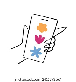 Flower online store, mobile phone icon with kinds of flowers, bouquet delivery, order flowers from florist shop, birthday or Valentines Day present, mobile app vector illustration