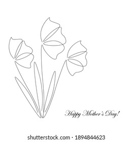 Flower onr line drawing on white background, vector illustration