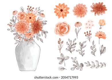 flower orange and leaves isolated clip art and vase floral