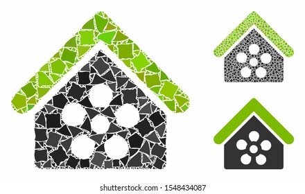 Flower orangery composition of irregular parts in different sizes and color tints, based on flower orangery icon. Vector joggly parts are grouped into composition.