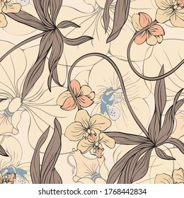 Flower Orchid. The Orchid plant. Seamless vector pattern with flowers. Hand drawing.