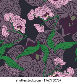 Flower Orchid. Seamless vector pattern with flowers. Hand drawing.