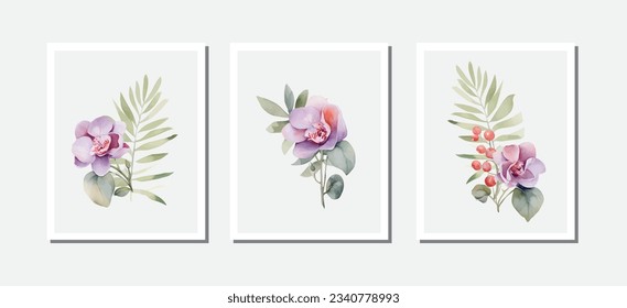 Flower orchids watercolor on white background. Hand drawn botanical vector illustration isolated on white background. Wedding invitation. Save the Date foliage cover.