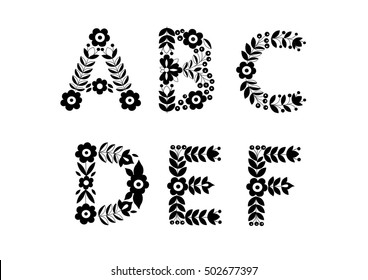 Flower Ornament Alphabet, Flower Decorative Typography, Decoratice Font, Trend Ethnic Lettering A,B,C,D,E,F