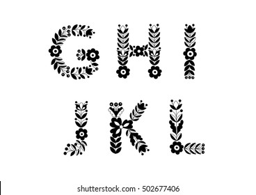 flower ornament alphabet, flower decorative typography, decoratice font, trend ethnic lettering G,H,I,J,K,L