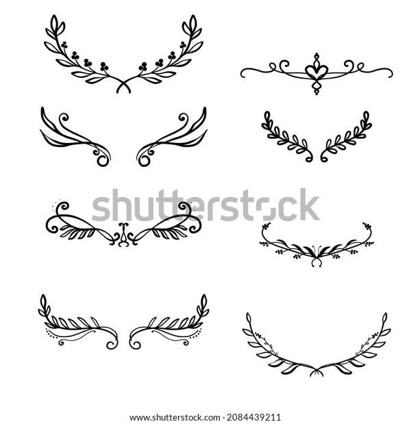 Flower ornament dividers. Hand\
draw decoration, floral ornamental divider, and sketch leaves\
ornaments. Doodle leaves and flourishes divider set. Vector\
illustration