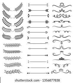 Diferentes ornamentos de flores. Decoración de viñas dibujadas a mano, divisor ornamental floral y adornos de hojas de esbozo. Tinta floreciente y decoraciones de flecha divisores doodles victorianos iconos vectoriales aislados conjunto