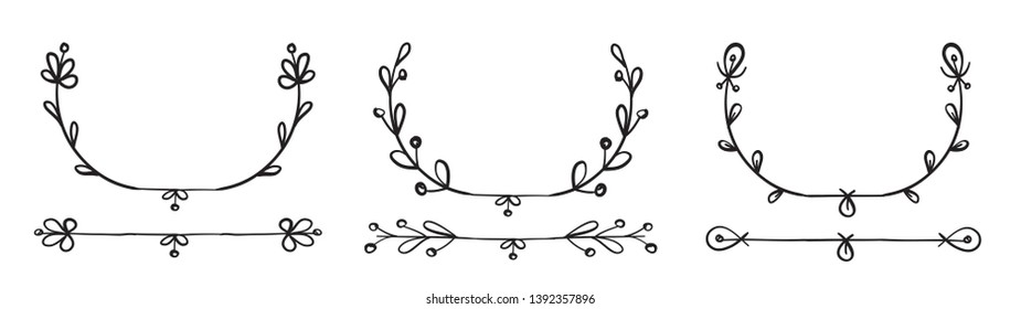 Flower ornament dividers. Hand drawn vines decoration and sketch leaves ornaments. 