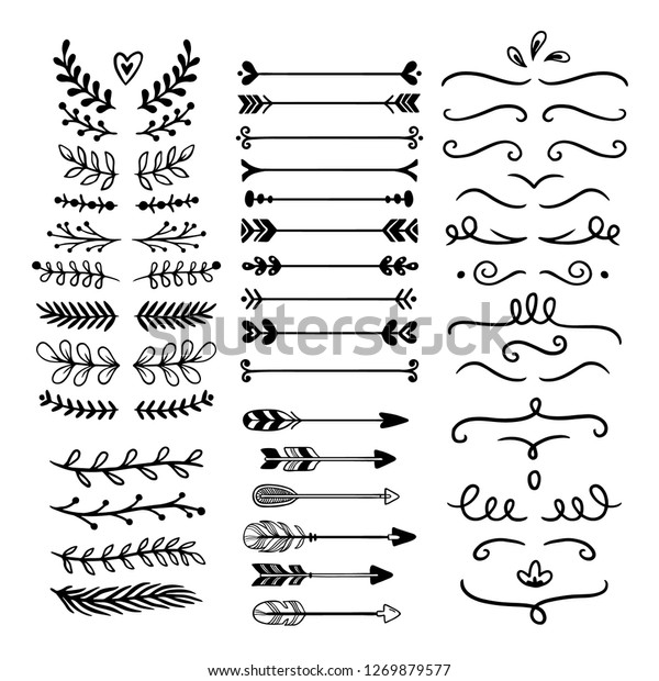 Flower ornament dividers. Hand drawn vines
decoration, floral ornamental divider and sketch leaves ornaments.
Ink flourish and arrow decorations dividers victorian doodles
isolated vector icons
set