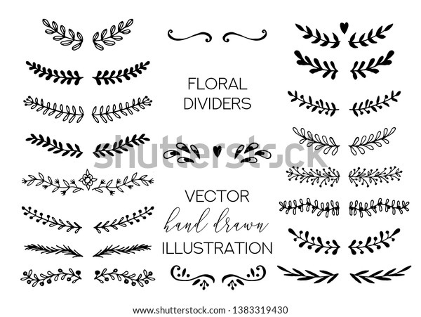 Flower Ornament Dividers. Hand\
drawn decoration, floral ornamental divider and sketch leaves\
ornaments. Doodle leaves and flourish divider set. Vector\
Illustration.