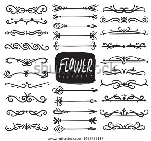 Flower ornament dividers.\
Ornamental divider and sketch leaves ornaments, decorative arrows,\
drawn vine borders. Vector doodle calligraphic ornamented\
collection