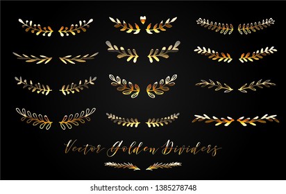 Flower Ornament Golden Dividers. Hand drawn decoration, floral ornamental divider and sketch leaves ornaments. Doodle leaves and flourish divider set. Vector Illustration. Luxury Effect Elements.