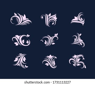 Patrón vectorial de ornamento de flores. Conjunto de ilustraciones vectoriales de elementos florales decorativos que giran