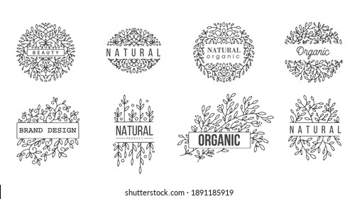Flower ornaments and decorative elements of flora, isolated circles with inscription. Logotypes or emblems, labels with branches and colorless foliage. Monochrome sketch outline, vector in flat style