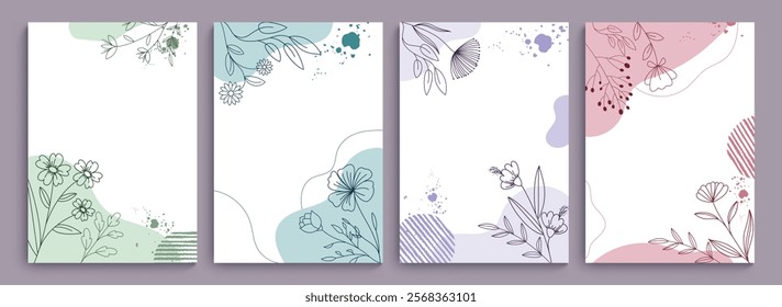 Flower outline clipart background set. Spring greeting card with flower drawing, sketch, doodle and line art flat elements clip art. Vector illustration floral pastel poster set. 
