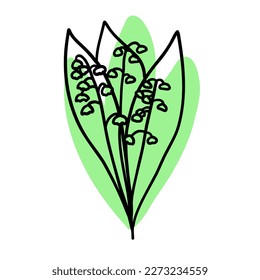 Flower in outline doodle flat style with colorful green brush. Simple floral element plant decorative design. Hand drawn line art. Creative sketch. Vector illustration isolated on white background.
