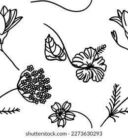 Flor en el contorno de doodle de estilo plano. Sencilla planta de elementos florales deja un diseño decorativo. Dibujo de línea dibujada a mano. Dibujo creativo minimalista. Ilustración vectorial aislada en fondo blanco.