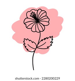 Flower in outline doodle flat style with colorful purplish brush. Simple floral element plant decorative design. Hand drawn line art. Creative sketch. Vector illustration isolated on white background.