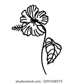 Flower in outline doodle flat style. Simple floral element plant leaves decorative design. Hand drawn line art. Creative minimalist sketch. Vector illustration isolated on white background.