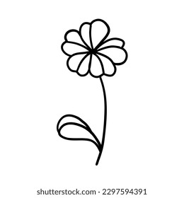 Flower in outline doodle flat style for coloring. Simple floral element plant leaves decorative design. Hand drawn line art. Creative sketch. Vector illustration isolated on white background.