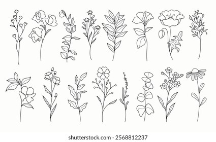 Flower outline floral clipart set. Spring flowers drawing lines in black and white hand drawn clip art flat graphic elements collection. Vector illustration flora outline pattern set. 
