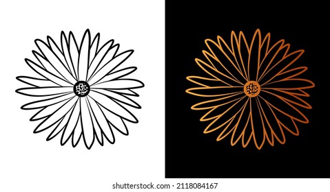 Flower outline icon, simple doodle sketch line art style, black and gold floral botany set. Beauty elegant logo design element. Graphic isolated symbol drawing. Flat floral shape. Wedding print card.