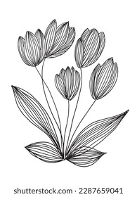Imagen vectorial de la ilustración del contorno de las flores. Plantas florales dibujadas a mano esbozan imágenes artísticas. Icono de logotipo original simple a partir del dibujo de lápiz.