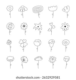 Flower outline line art set, natural decorative plants and charming botanical elements for your illustrations, creative designs projects and relaxing nature inspired compositions