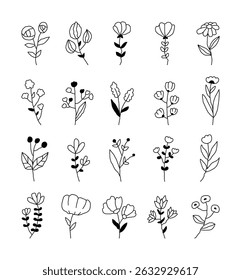 Flower outline line art set, natural decorative plants and charming botanical elements for your illustrations, creative designs projects and relaxing nature inspired compositions