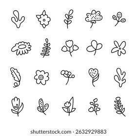 Flower outline line art set, natural decorative plants and charming botanical elements for your illustrations, creative designs projects and relaxing nature inspired compositions