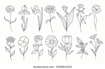 Flower outline spring clip art set. Spring drawing flowers in black and white doodle, lines, sketch and flat clipart collection. Vector illustration floral elements set.  
