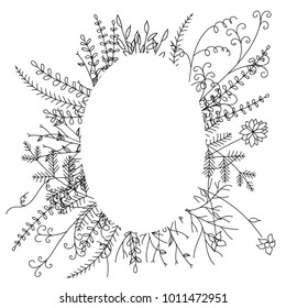 Flower oval frame. Frame with flowers, plants, grass, fern. Stylized black and white drawing. Isolated on white background