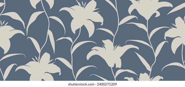 Flower painting seamless pattern with exotic branch silhouette. 