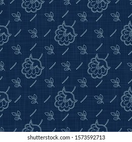 Flower Paisley Embroidery Motif Background. Japanese Sashiko Effect Needlework Seamless Linen Pattern. Hand Stitch Indigo Dark Blue Texture for Textile Print, Japan Decor Asian Quilt. Vector EPS 10