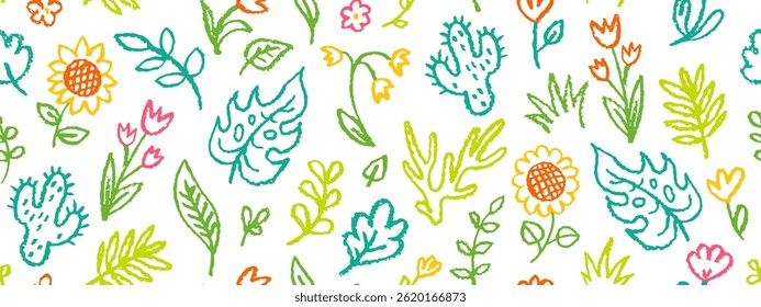 Flower and palm leaf pattern. Floral summer seamless background. Flower leaf vector abstract seamless pattern. Tropical plant print. Crayon texture spring Hawaii beach bg. Tropic floral art background
