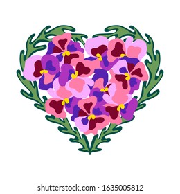 Flower pansies heart frame for Valentine's Day. Heart symbol isolated on white background. Heartsease vector illustration.