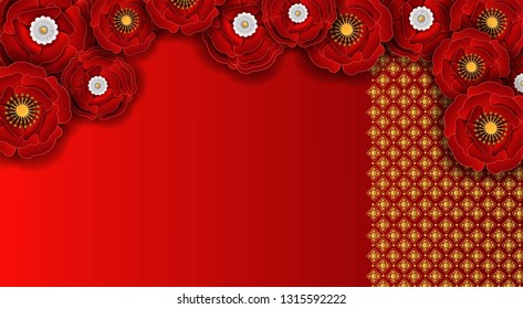 Flower paper art and Thai line art on red background-vector